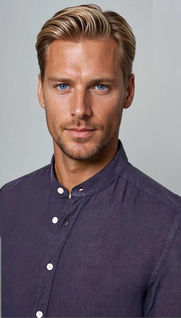 Λινά πουκάμισο με γιακά τύπου μπαντ σε ναυτικό μπλε