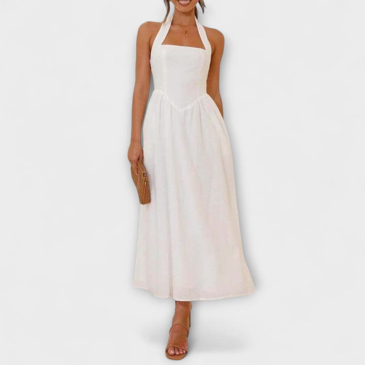 Λυδία - Μαύρο Φόρεμα Μίντι με Λαιμόκοψη και Λεπτομέρεια στη Μέση